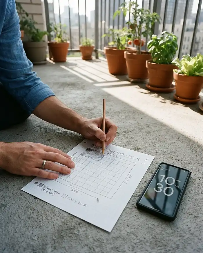 Maximize Balcony Harvest: Grow More in Less Space 2 Sketching a balcony sun map to place fruiting crops in the sunniest zones and greens in the shade