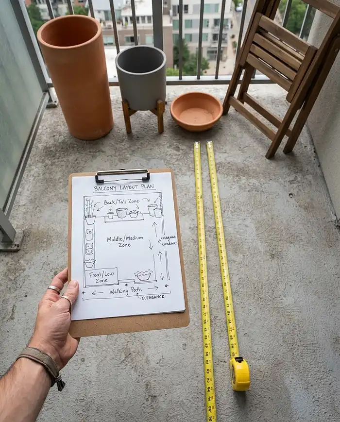 Layered Balcony Planters 2 Sketching foreground, middle, and background zones beside a tape measure to plan a layered balcony layout