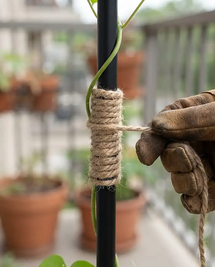 Decorative Plant Supports for Balcony Gardens 5 Smooth metal trellis joint wrapped in rough jute twine to give a sliding vine stem grip and stop it slipping down