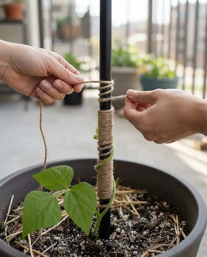 Smooth metal trellis leg wrapped in rough jute twine to give twining bean stems grip and stop them sliding