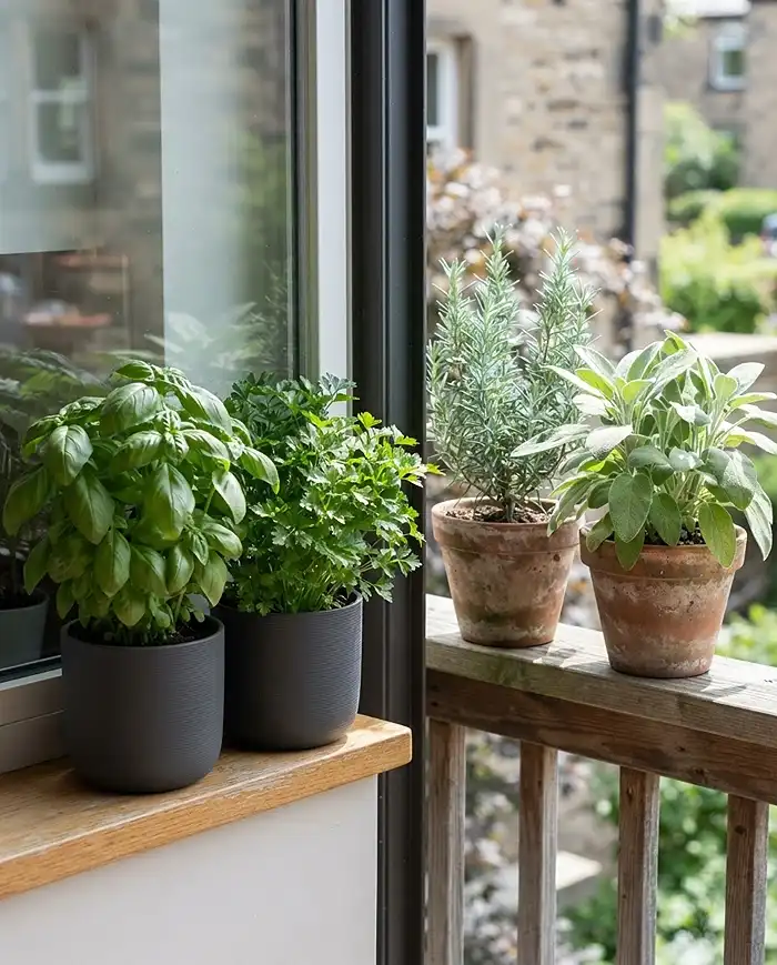 Balcony and Windowsill Herb Garden Combo Setups 3 Soft windowsill herbs beside woody balcony herbs in matching pots, the two zones of a balcony and windowsill herb garden