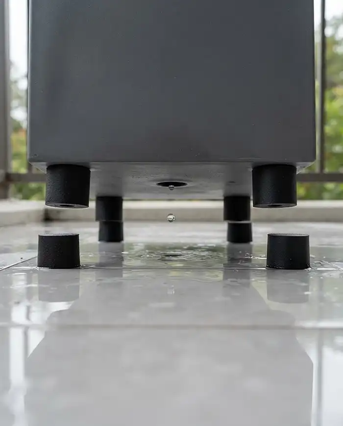 Best Pot Feet for Drainage 3 Solid black rubber risers lifting a heavy modern pot on tile, among the best pot feet for drainage on balconies
