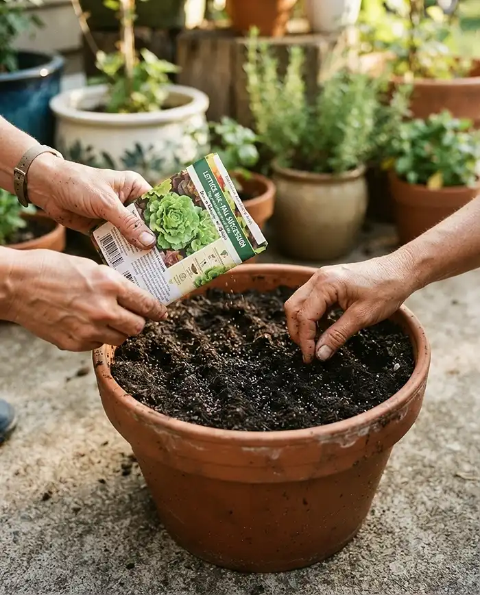Fall Salad Greens to Plant After Summer Heat 2 Sowing salad greens to restart after summer heat in a refreshed container.