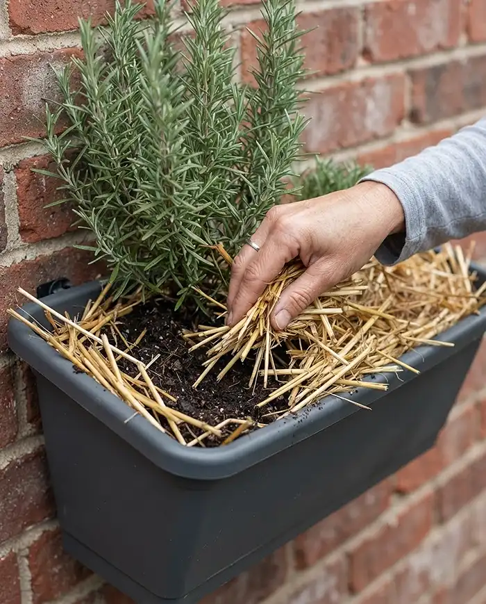 Vertical Herb Wall Ideas for Transitional Seasons 5 Straw mulch added to a wall pocket to insulate exposed rosemary roots against frost using vertical herb wall ideas