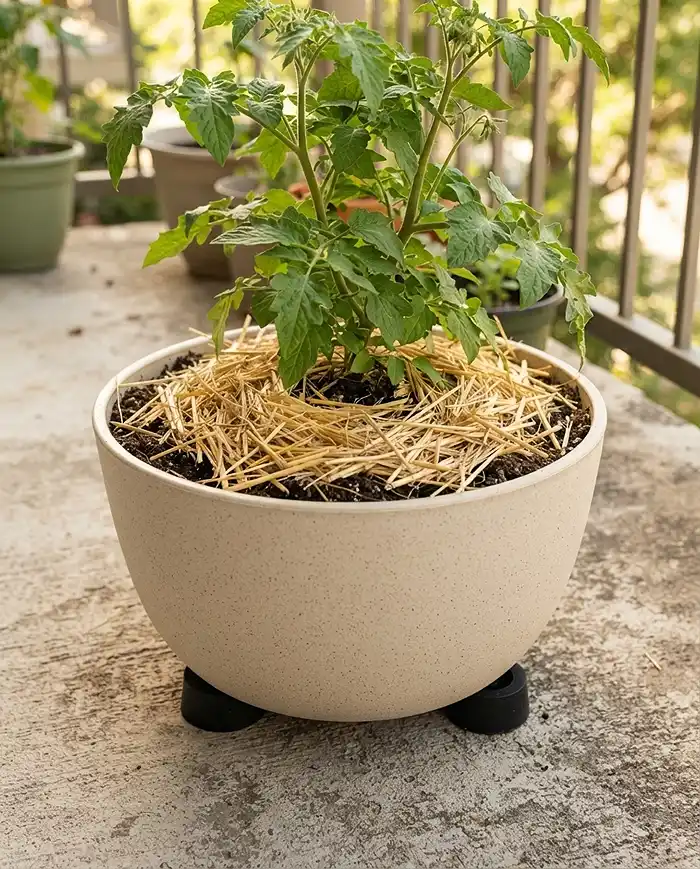 Lightweight Planters for Hot Climates That Stay Cooler 4 Straw mulch and pot feet protecting a container