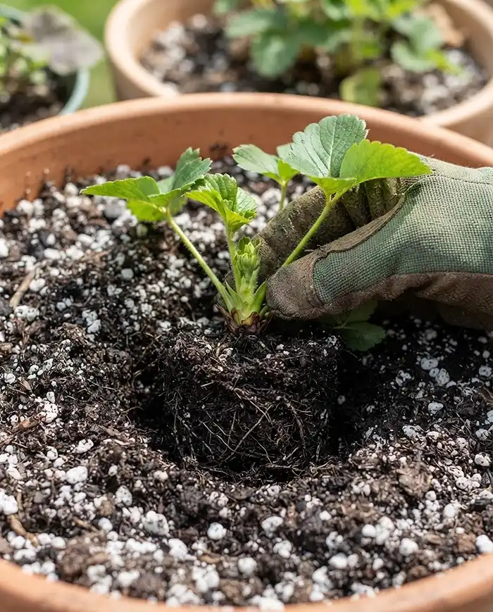 Strawberry Companion Plants in Pots 2 Strawberry crown planted at soil level in a well-draining potting mix, not buried or raised