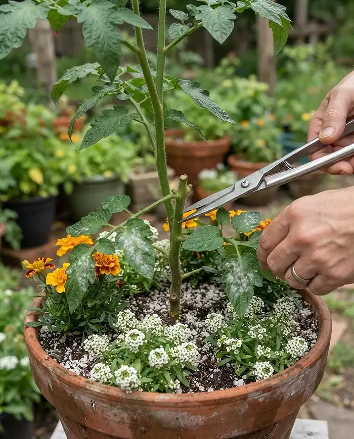 Stripping the lowest tomato leaves in a mixed pot to restore airflow and slow powdery mildew at the plant base