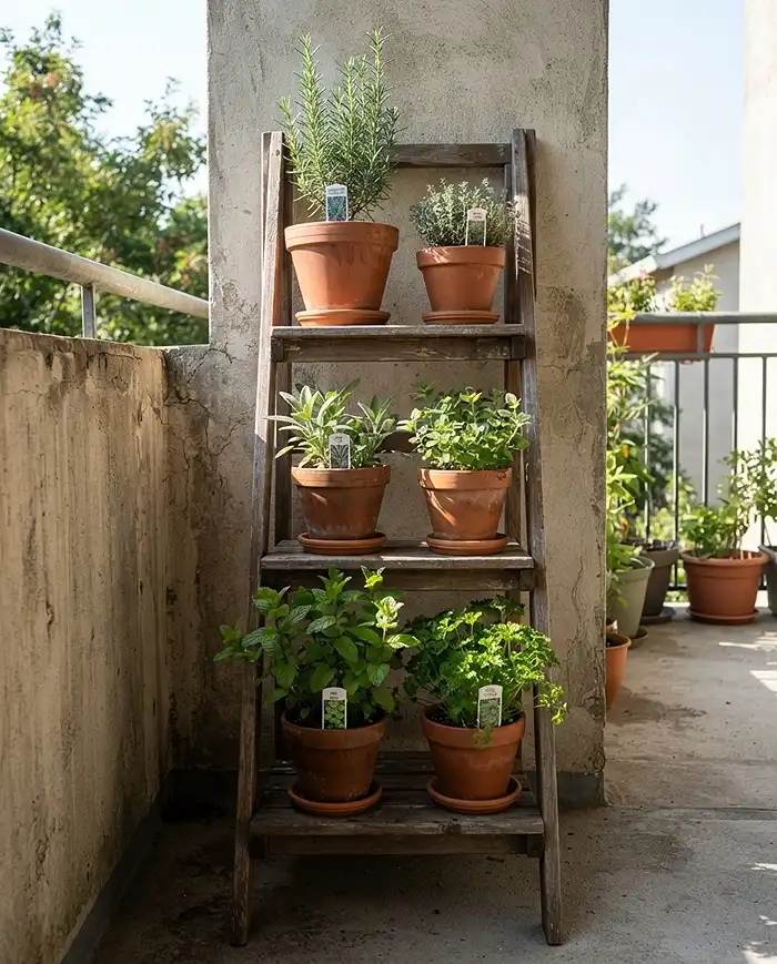 Balcony Herb Shelf Ideas for Stylish Apartments 2 Sun-mapped tiered herb shelf, one of the best balcony herb shelf ideas for apartments.