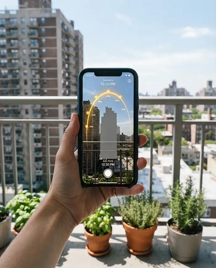 How to Measure Sun Exposure on Balcony Without Guessing 3 Sun tracking app overlaying the solar arc on a balcony to plan light for peppers for balcony containers