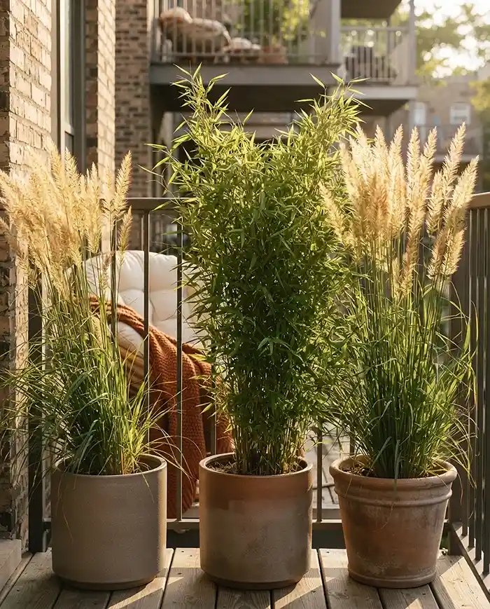 Balcony Reading Nook Ideas With Cozy Container Plants 3 Tall feather reed grass and clumping bamboo screening a corner chair, a core balcony reading nook idea for privacy