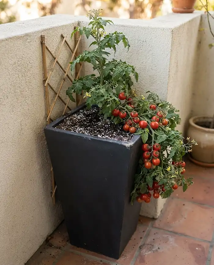 Narrow Balcony Planters That Save Space 3 Tall square column planter of cherry tomatoes in a balcony corner, a deep-soil option alongside peppers for balcony containers
