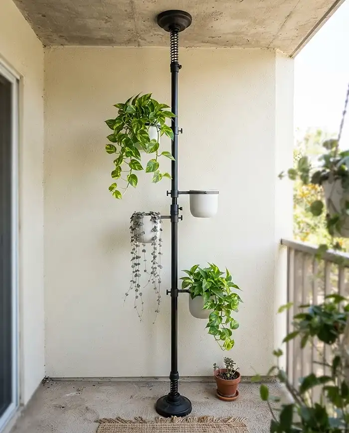 Renter Friendly Balcony Garden: Zero-Drill Looks 3 Tension pole planter wedged floor-to-ceiling holding trailing plants in a renter friendly balcony garden
