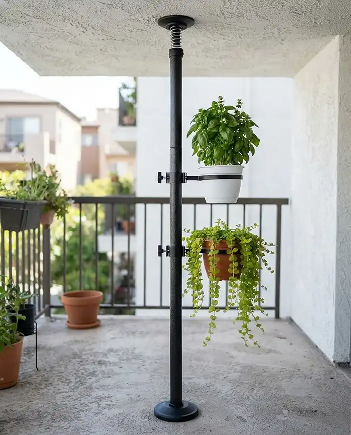 Tension pole with rubber end caps and pot-loaded arms, core hardware for a no drill vertical balcony garden