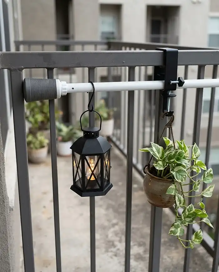 Tension rod and railing clamp hook holding a lantern without drilling, renter-safe hardware for a fall balcony