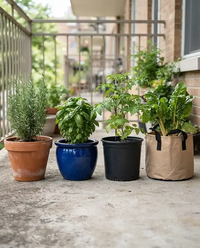 Grouping Plants by Water Needs on a Balcony 4 Terracotta, glazed ceramic, plastic, and fabric pots compared for matching containers to water zones.