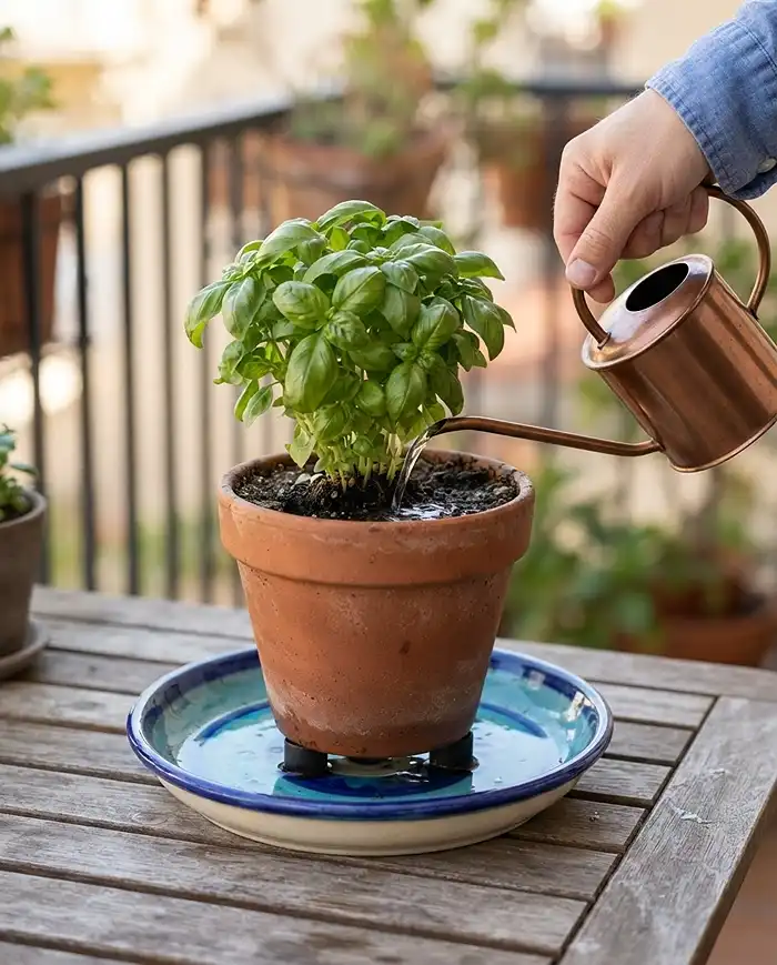 Mediterranean Balcony Tablescape with Herbs and Citrus 5 Terracotta herb pot in a glazed saucer on pot feet being watered with a narrow-spout can to protect the table. Mediterranean balcony tablescape