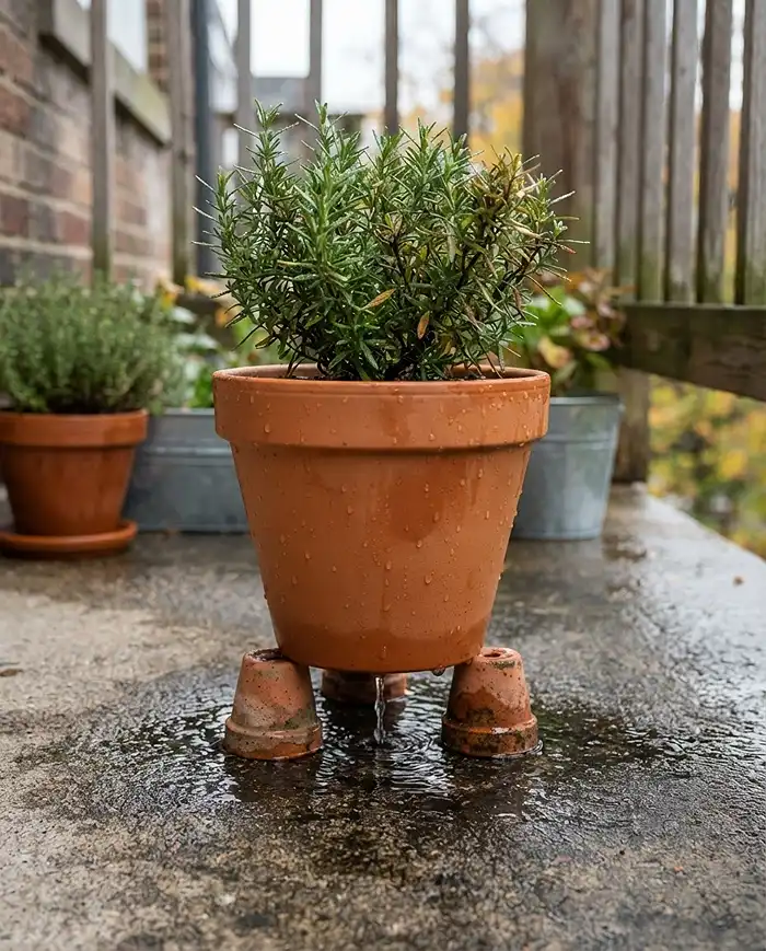 Fall Mediterranean Balcony Ideas You'll Love 4 Terracotta pot elevated on wooden pot feet to drain freely during autumn rain.