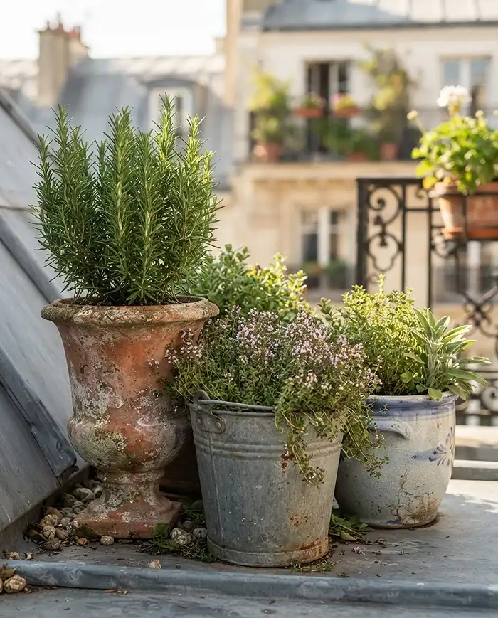 Cafe Style Balcony Garden 3 Terracotta, zinc, and glazed pots of herbs grouped for a cafe style balcony garden with a European market look