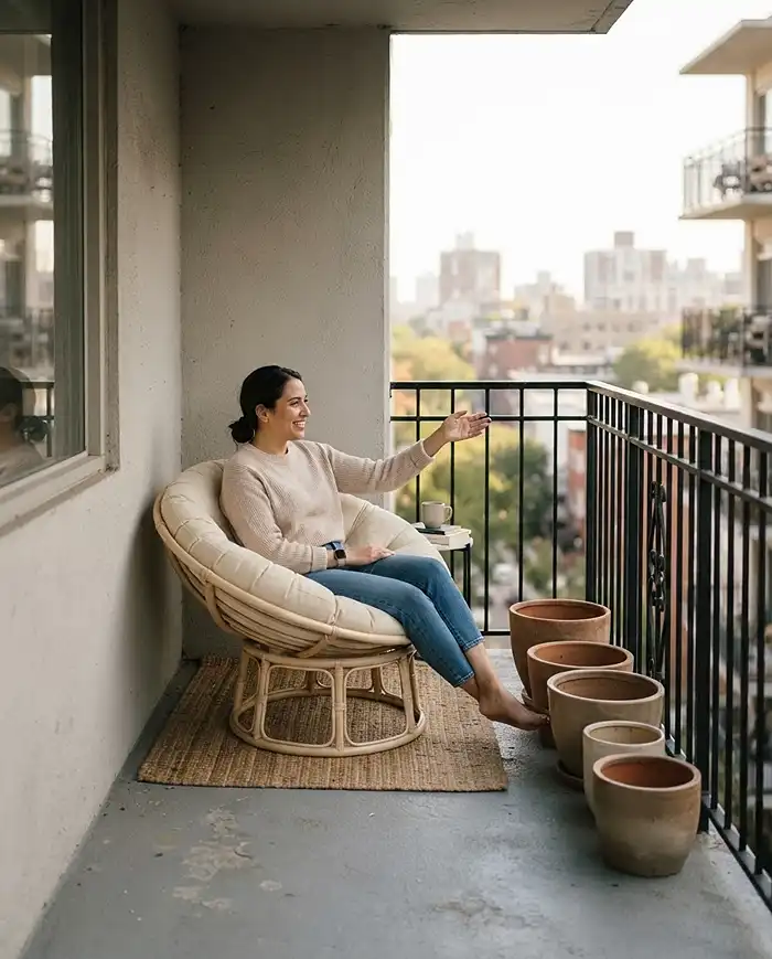 Balcony Reading Nook Ideas With Cozy Container Plants 2 Testing sightlines from a chair anchored in the balcony corner to identify which open edges need plant screening