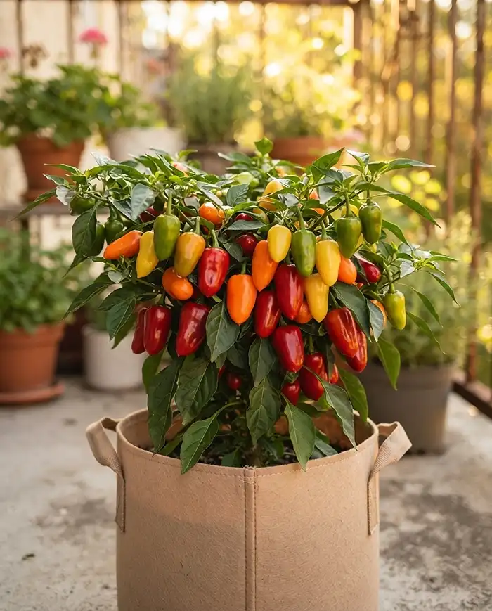 Best Peppers for Balcony Containers 3 The best peppers for balcony containers, sweet Lunchbox snacking peppers ripening in a fabric grow bag.
