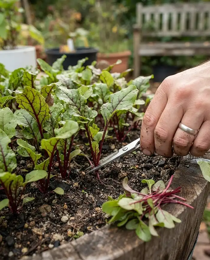 Fast Fall Root Vegetables in Pots for Quick Harvests 5 Thinning crowded beet seedlings with scissors at soil level to give roots room to swell in a deep pot