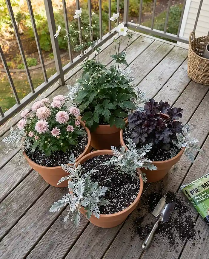Autumn Balcony Garden Ideas With Cozy Fall Colors 4 Three pots clustered in an odd-numbered thriller-filler-spiller autumn arrangement with nearly touching foliage