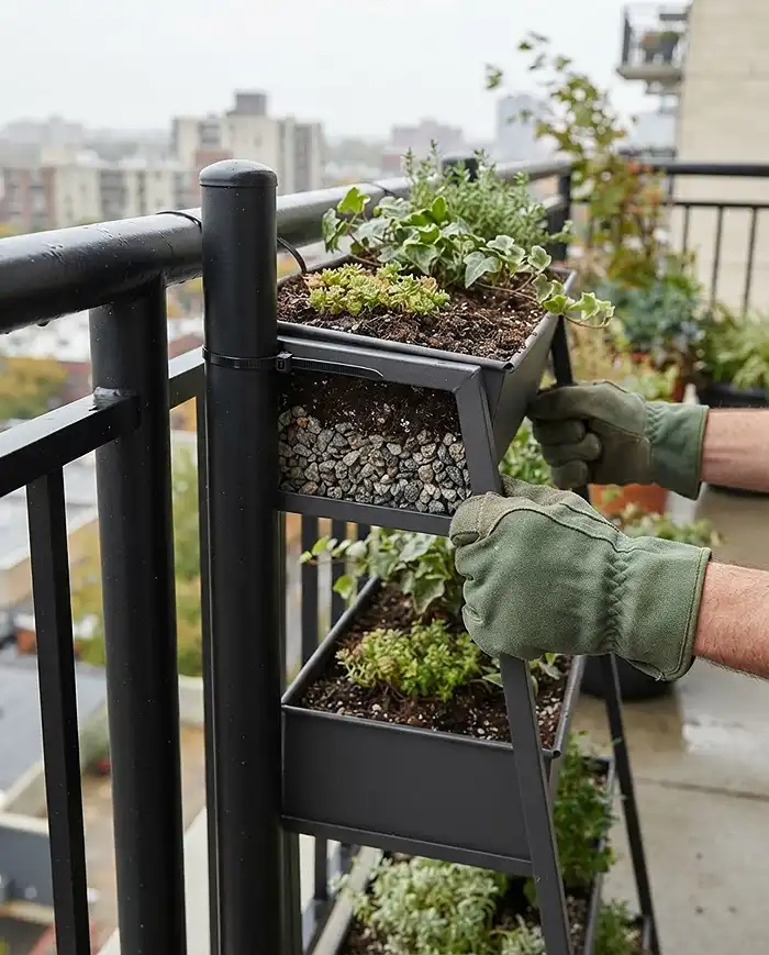 Fall Vertical Ladder Garden Ideas for Small Balconies 3 Top rung of a fall vertical ladder garden zip-tied to a balcony railing for stability against storm gusts