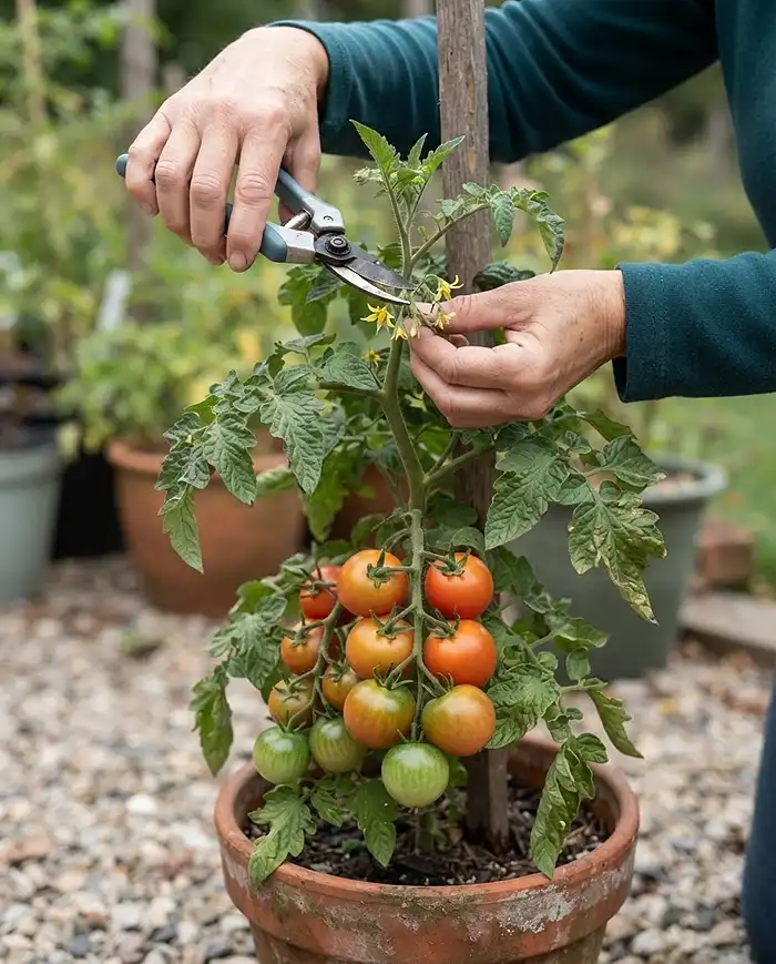 Late Season Tomatoes for Containers That Still Ripen 5 Topping a container tomato by snipping the growing tip and new flowers to force existing fruit to ripen before frost