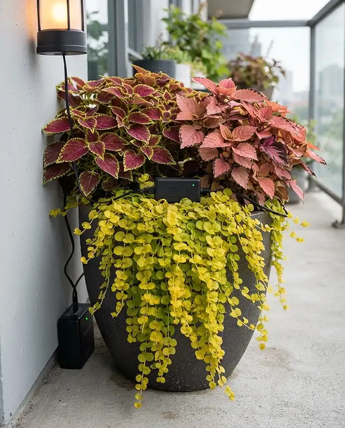 Balcony Garden Lantern Ideas for a Cozy Evening Nook 5 Trailing Creeping Jenny and coleus concealing a lantern battery pack and cord behind a pot on a balcony