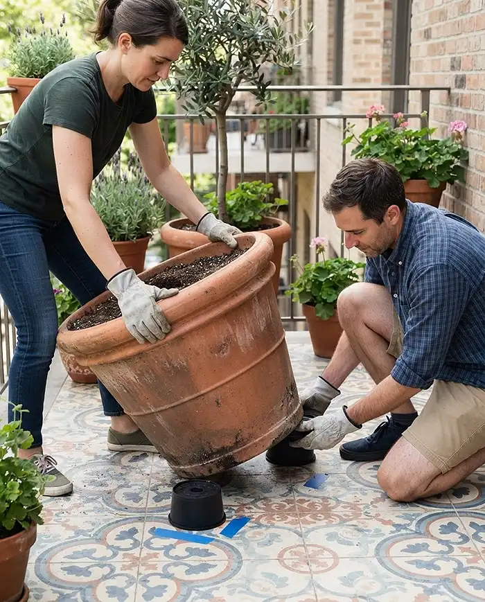 Best Pot Feet for Drainage 4 Two people tilting a heavy pot and sliding risers underneath to install pot feet safely without straining