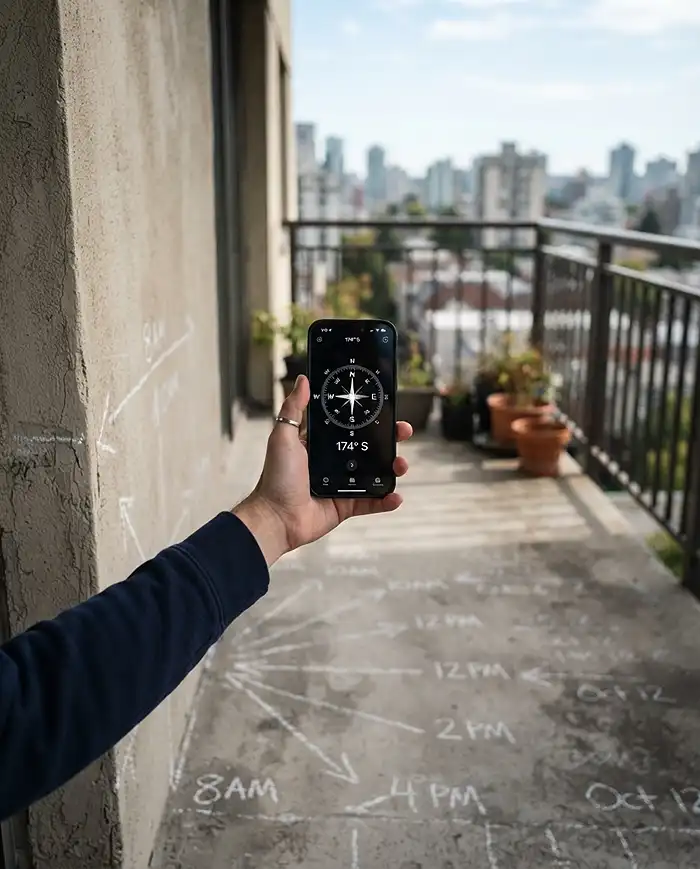 Balcony Plants by Direction 2 Using a phone compass app and chalk shadow marks to determine a balcony orientation.