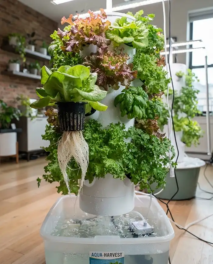 Vertical hydroponic tower of lettuce and herbs, one of the best small space gardening systems for fast year-round yields