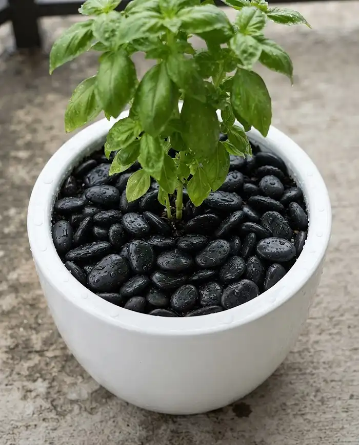 Monochromatic Balcony Garden Ideas for Fall 5 White ceramic pot top-dressed with black river stones to prevent soil splashing during autumn rain