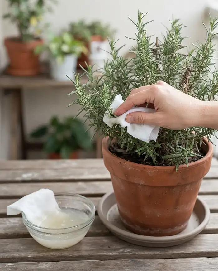 Balcony and Windowsill Herb Garden Combo Setups 5 Wiping herb leaves with Castile soap solution to debug a balcony plant before quarantining it and moving it inside