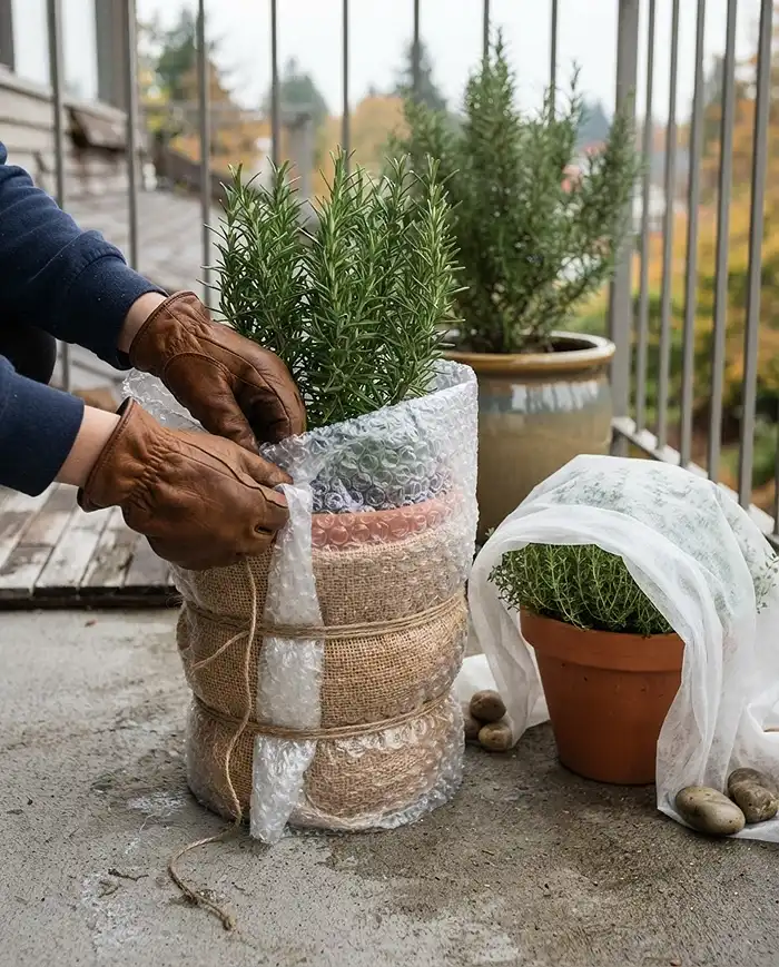 Why Herbs Stop Growing in Fall 4 Wrapping a herb pot in burlap and bubble wrap and draping a frost blanket to extend the fall container harvest.