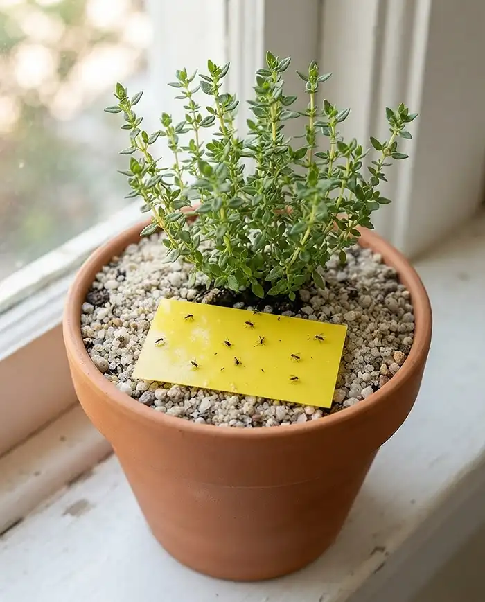 Best Windowsill Herbs to Grow at Home 5 Yellow sticky trap at soil level in a herb pot catching fungus gnats, with a grit topdressing to break their cycle. best windowsill herbs