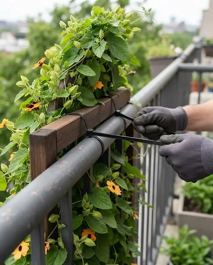 Zip ties strapping the top of a freestanding trellis screen to a balcony railing for storm-proofing without screws