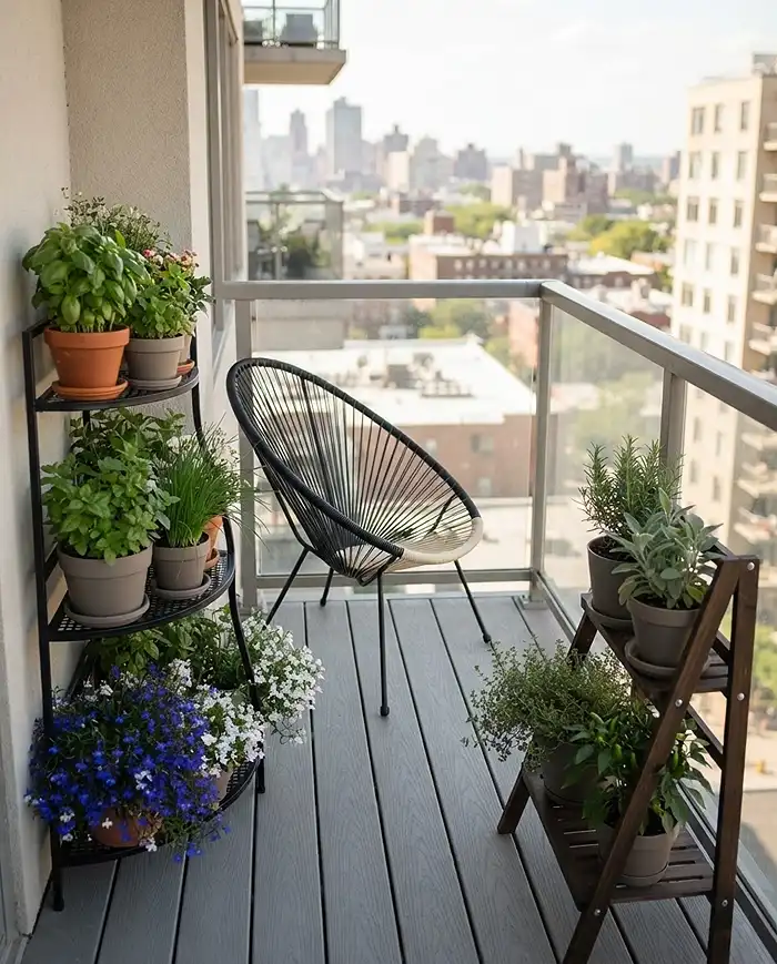 L-shaped corner chair flanked by tiered plant stands with an open railing, a space-saving small balcony garden layout