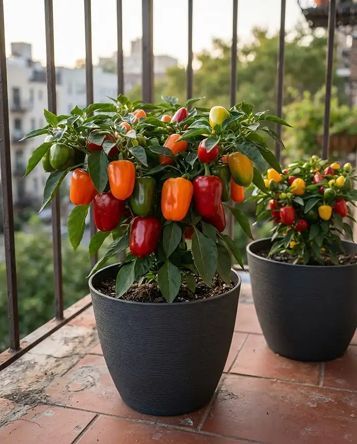 Compact Pepper Plants for Pots 3 A Lunchbox plant in a dark pot heavy with colorful mini peppers, a top compact pepper plant for pots in late season.