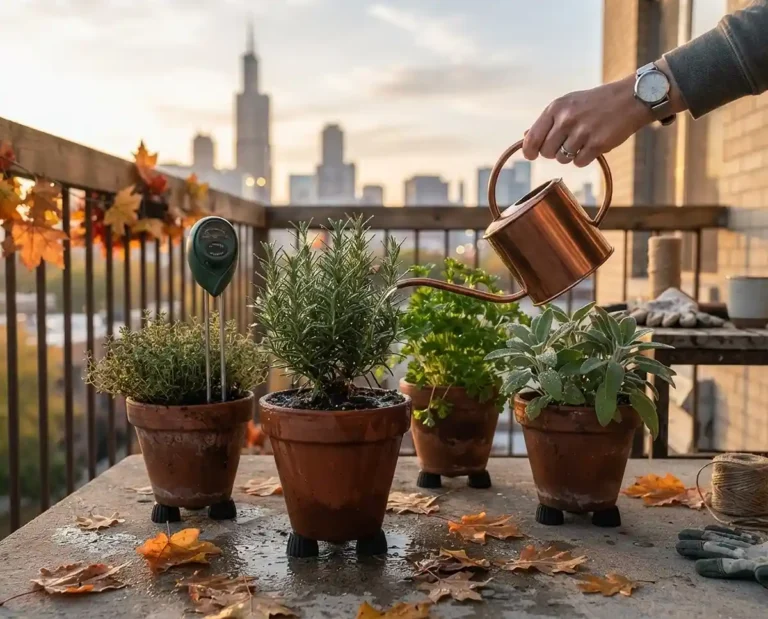 A balcony herb garden being base-watered at dawn with pots on feet and a moisture meter, showing correct fall watering