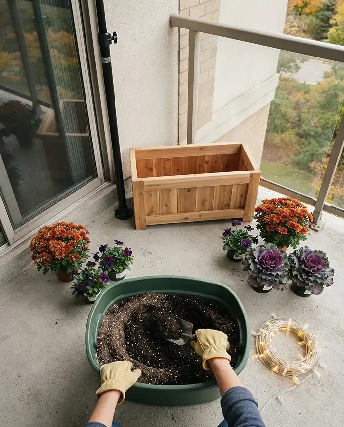 Renter Friendly Fall Balcony Ideas With Zero Drilling 4 A balcony makeover laid out in order from swept floor to tension pole, corner trough, refreshed soil, and plants ready to place