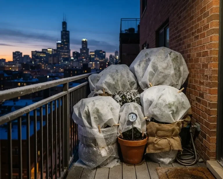 A balcony of pots clustered against a brick wall, wrapped in burlap and draped with frost cloth at dusk before a hard freeze