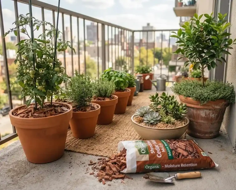 A balcony row of mulched pots with bark on vegetables, gravel on succulents, and creeping thyme under a citrus tree
