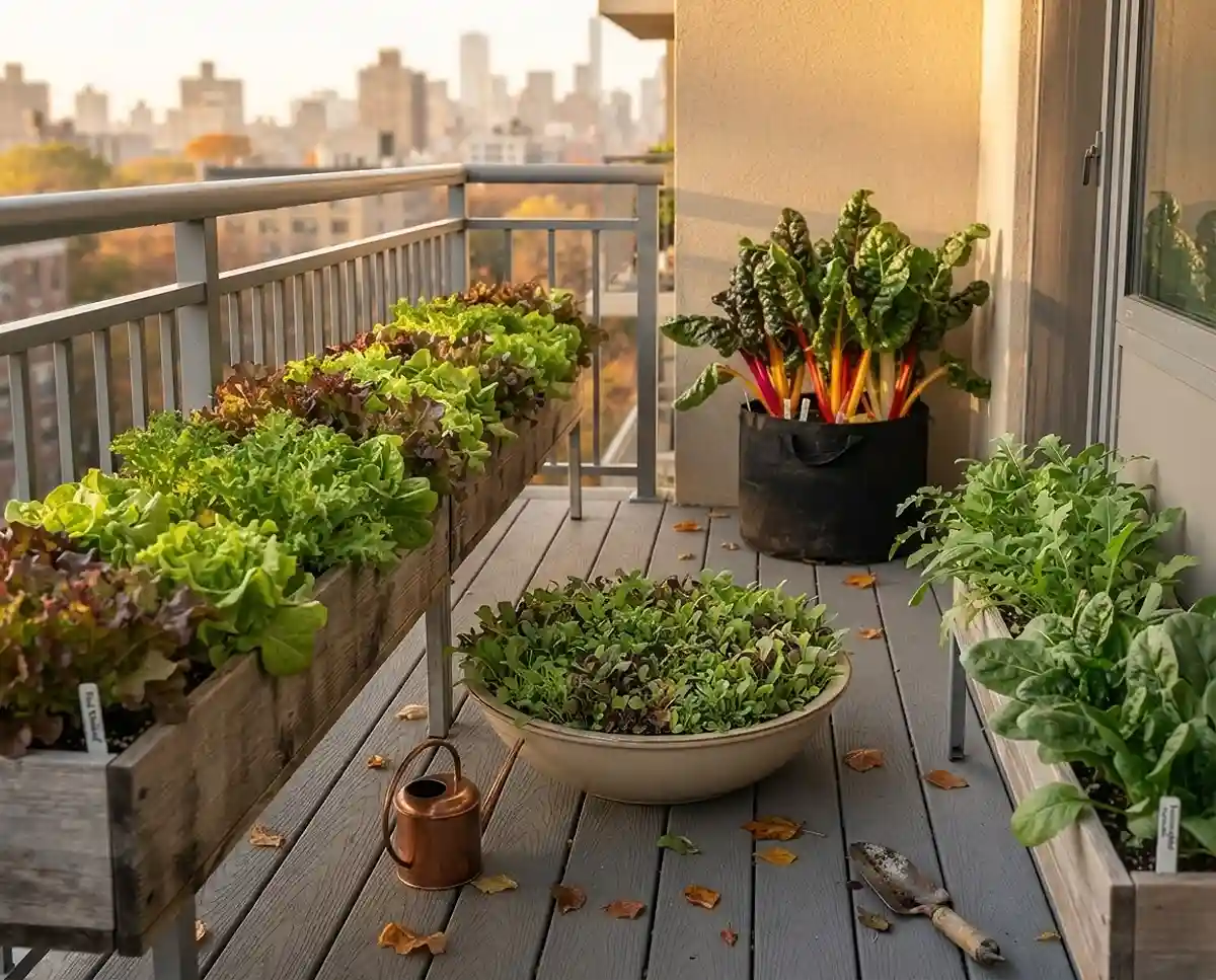 A balcony salad bar with window-box lettuces, a mesclun bowl, arugula, spinach, and colorful Swiss chard in soft autumn light