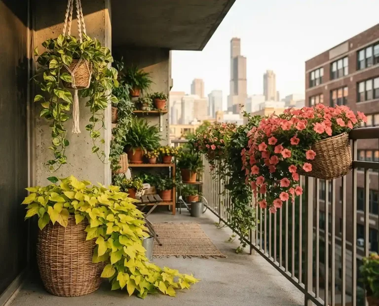 A balcony with rattan baskets of trailing sweet potato vine, pothos, and Wave petunias cascading over a railing in warm light.