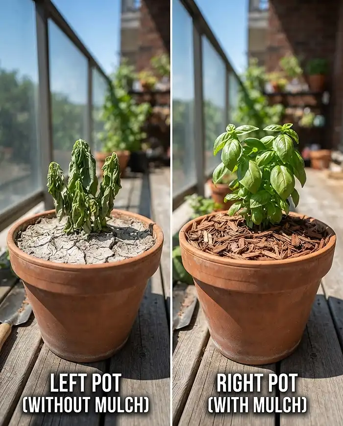 Mulching Potted Plants: How to Use Mulch in Pots 2 A bare-soil basil pot wilting beside a bark-mulched pot staying lush, showing how mulch retains moisture in heat
