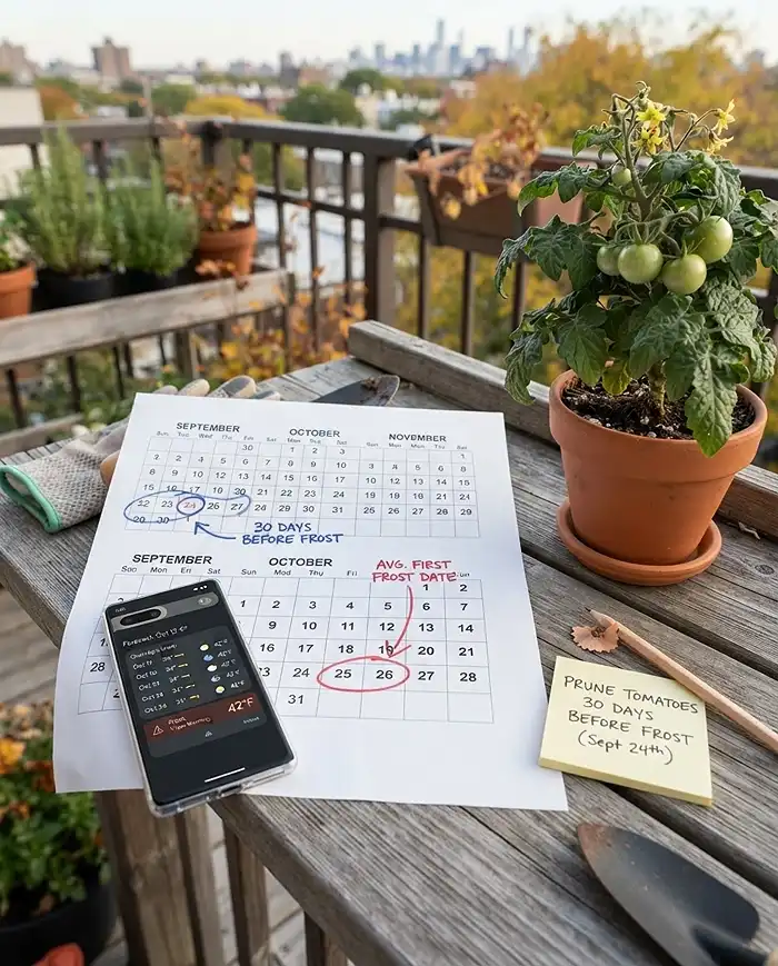 Pruning Tomatoes End of Season 2 A calendar with a first-frost date and a pruning date 30 days earlier, timing end-of-season tomato pruning