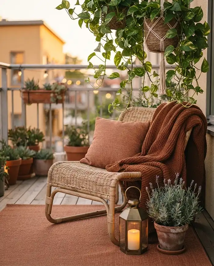 Cozy Balcony Garden Ideas With Warm Textile Layers 3 A chair layered with a knit throw and cushions on a warm rug beside lavender and a lantern, cozy balcony garden nook textiles