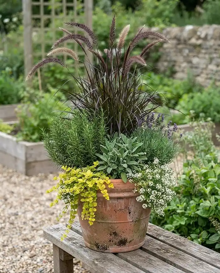 Mixed Container Gardening With Grasses and Herbs 2 A container showing the thriller grass, filler herbs, and spiller trailing herbs in three distinct height layers.