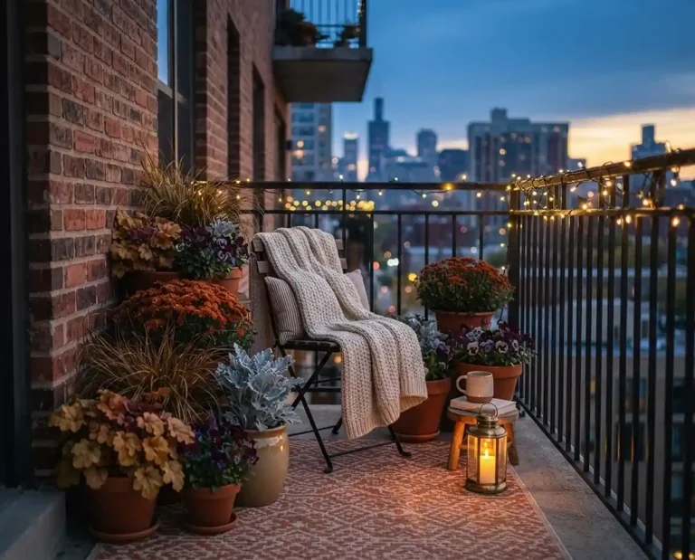 A cozy autumn balcony with heuchera, carex, mums, and violas beside a rug, throw, fairy lights, and a lantern at dusk